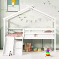 MATEERTY Twin Loft House Bed with Slide, Safety Guardrails, House Roof Frame, White