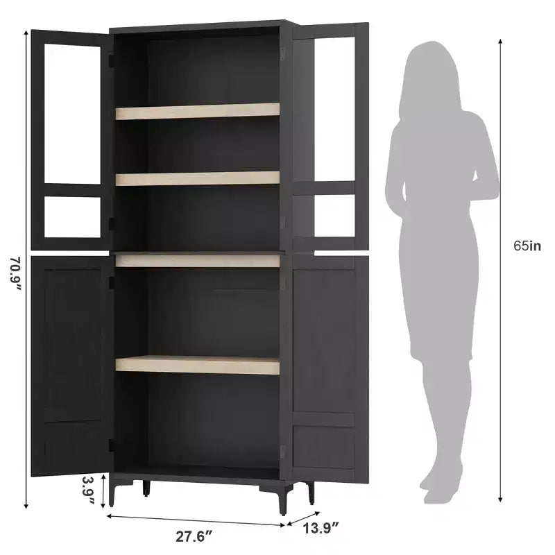Mobiletto alto 71" con ante in vetro e 5 ripiani regolabili per cucina, bagno