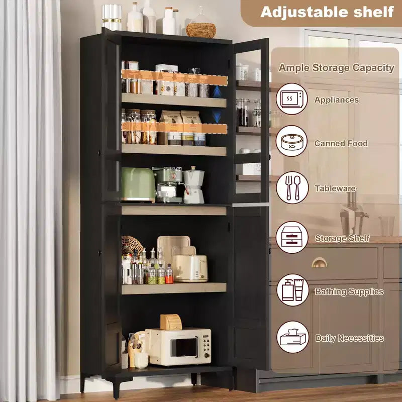 Mobiletto alto 71" con ante in vetro e 5 ripiani regolabili per cucina, bagno