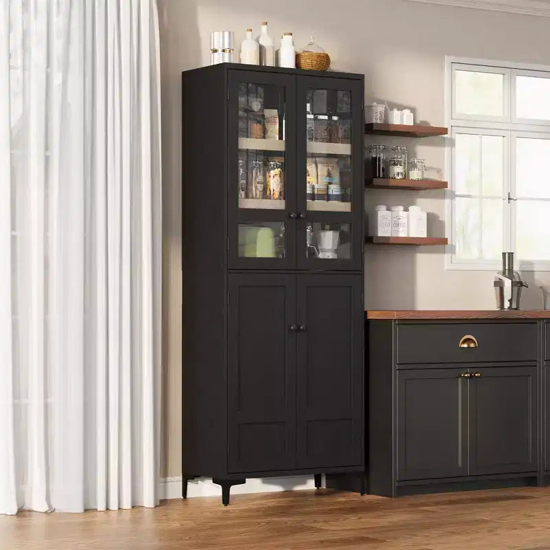 Mobiletto alto 71" con ante in vetro e 5 ripiani regolabili per cucina, bagno
