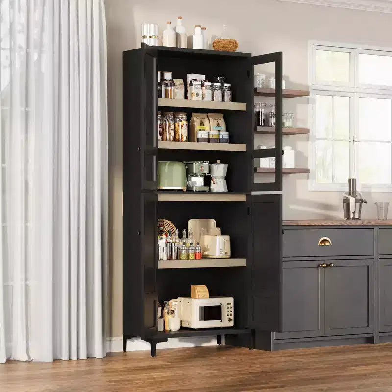 Mobiletto alto 71" con ante in vetro e 5 ripiani regolabili per cucina, bagno