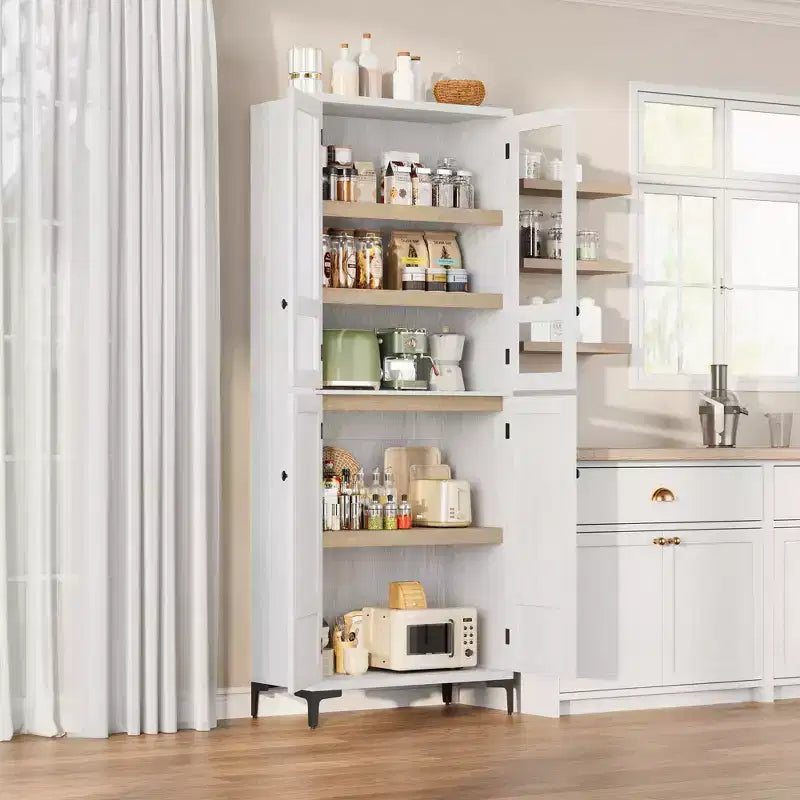 Mobiletto alto 71" con ante in vetro e 5 ripiani regolabili per cucina, bagno