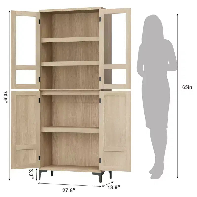 Mobiletto alto 71" con ante in vetro e 5 ripiani regolabili per cucina, bagno