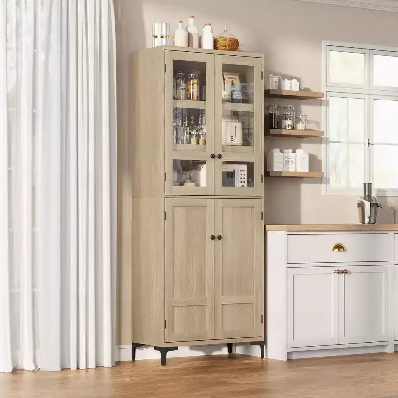 Mobiletto alto 71" con ante in vetro e 5 ripiani regolabili per cucina, bagno