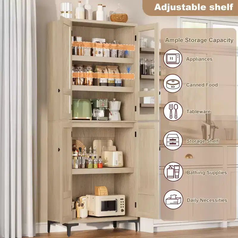 Mobiletto alto 71" con ante in vetro e 5 ripiani regolabili per cucina, bagno