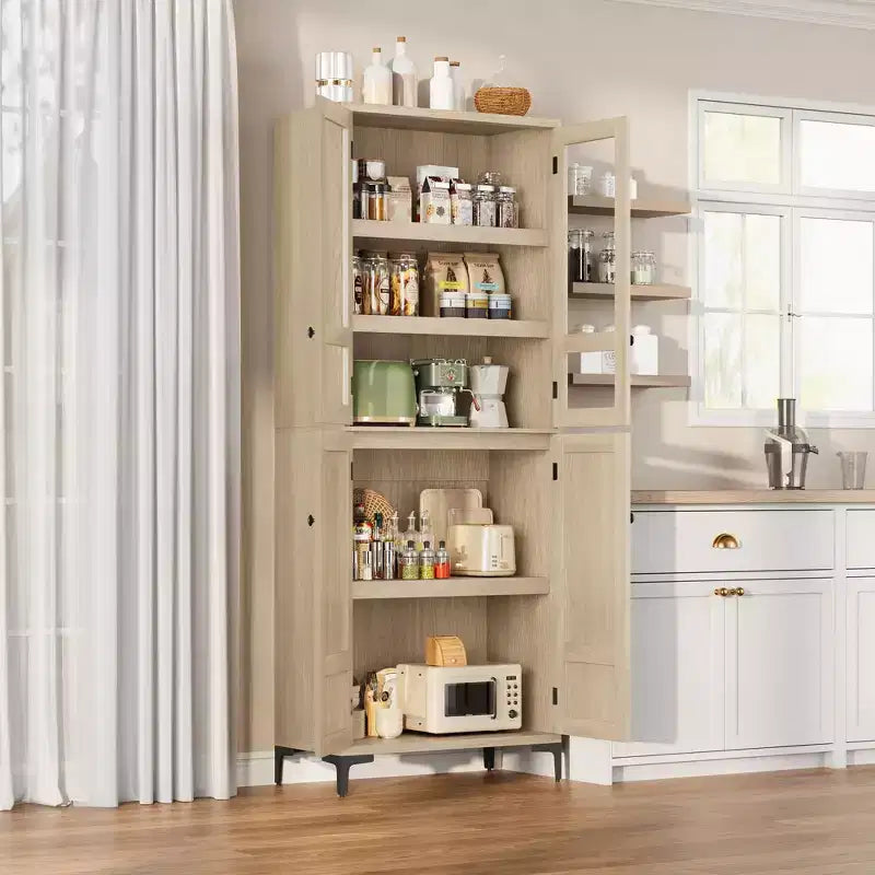 Mobiletto alto 71" con ante in vetro e 5 ripiani regolabili per cucina, bagno