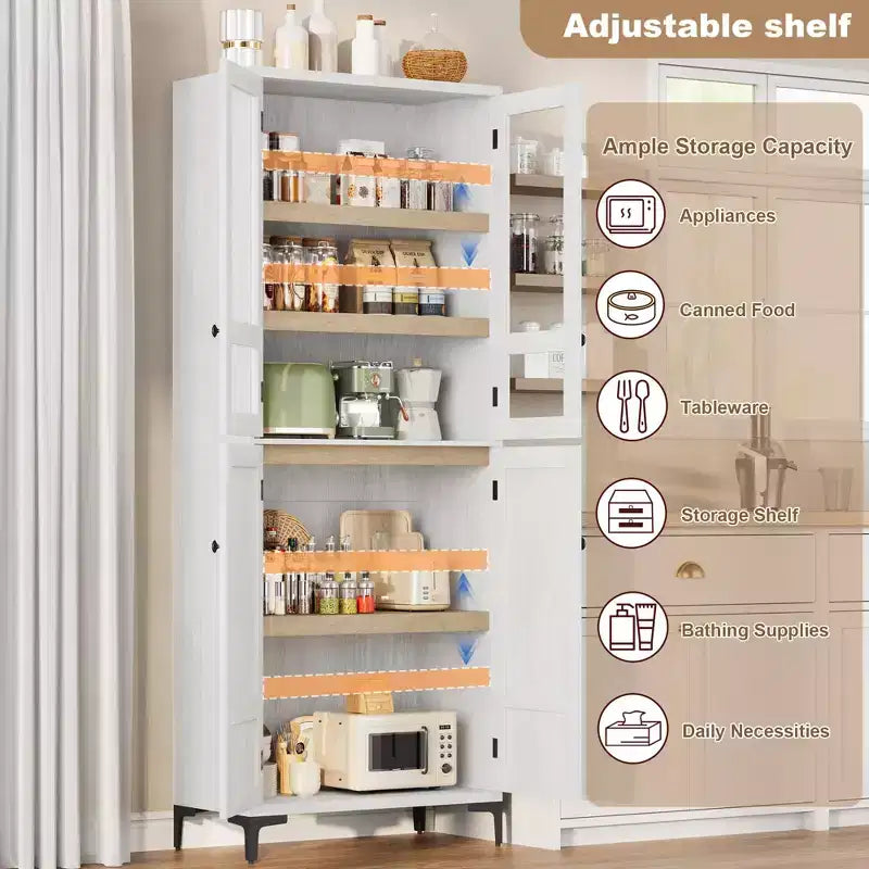Mobiletto alto 71" con ante in vetro e 5 ripiani regolabili per cucina, bagno
