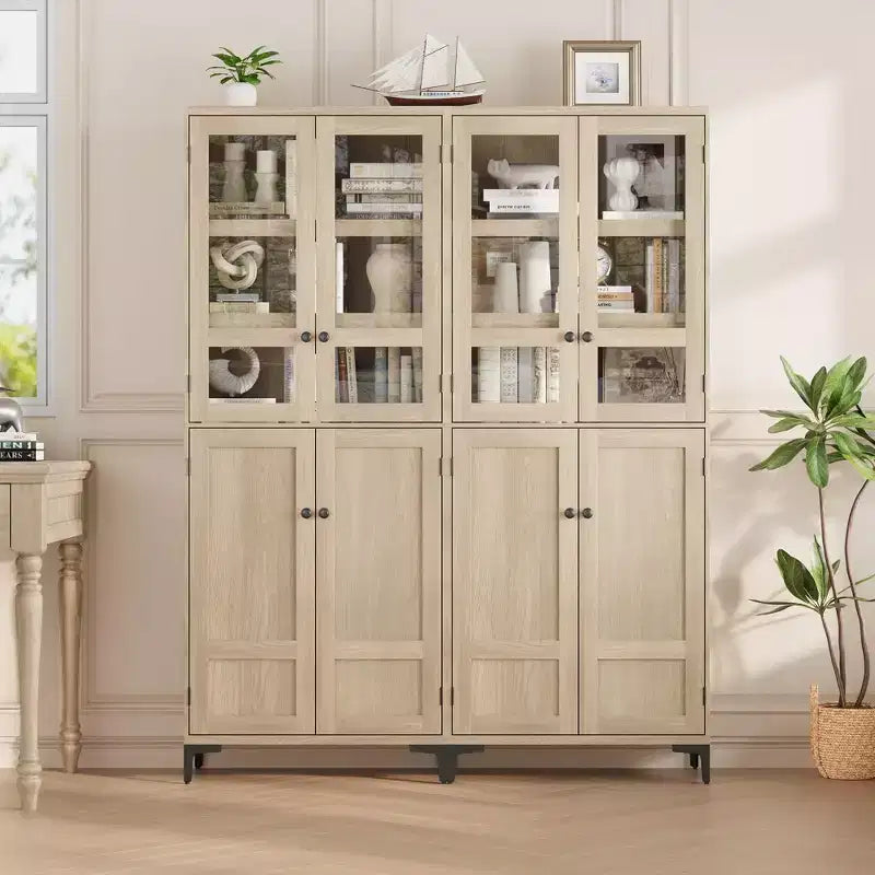 Mobiletto alto 71" con ante in vetro e 5 ripiani regolabili per cucina, bagno