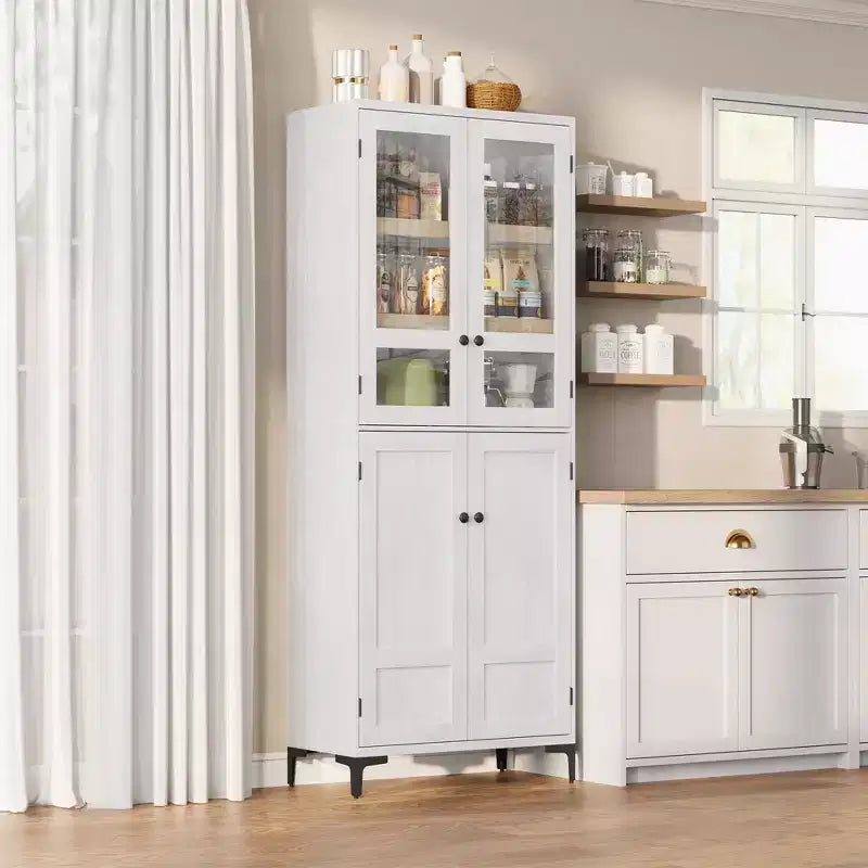 Mobiletto alto 71" con ante in vetro e 5 ripiani regolabili per cucina, bagno