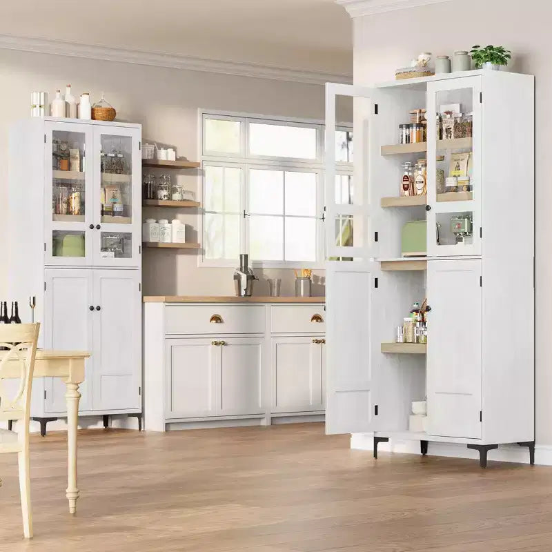 Mobiletto alto 71" con ante in vetro e 5 ripiani regolabili per cucina, bagno