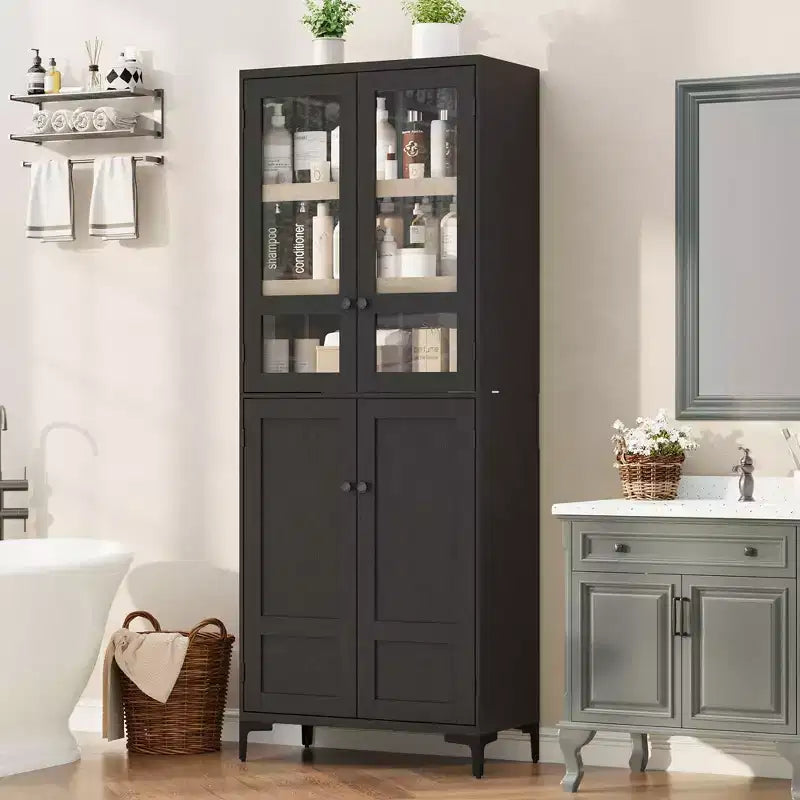 Mobiletto alto 71" con ante in vetro e 5 ripiani regolabili per cucina, bagno