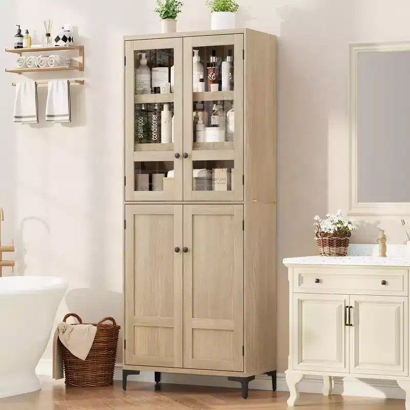 Mobiletto alto 71" con ante in vetro e 5 ripiani regolabili per cucina, bagno