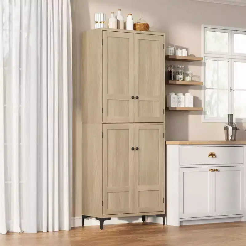 Mobiletto alto 71" con ante in vetro e 5 ripiani regolabili per cucina, bagno
