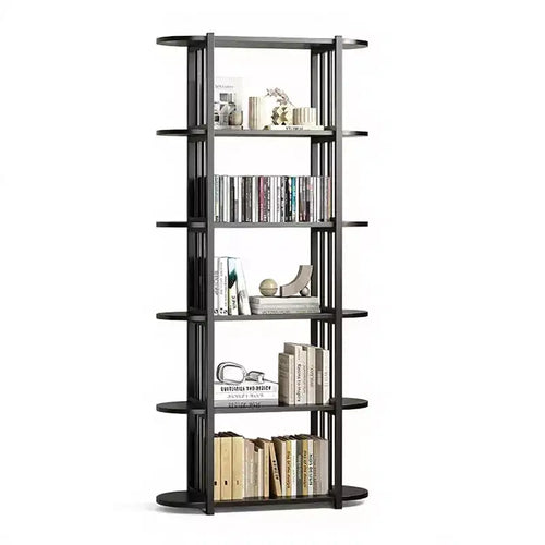 GustoWave 6 Tier Industrial Bookshelf, 71 Inch Tall Narrow Wooden Bookcase with Iron Frames, Compact Open Display Shelving Unit, Apartments