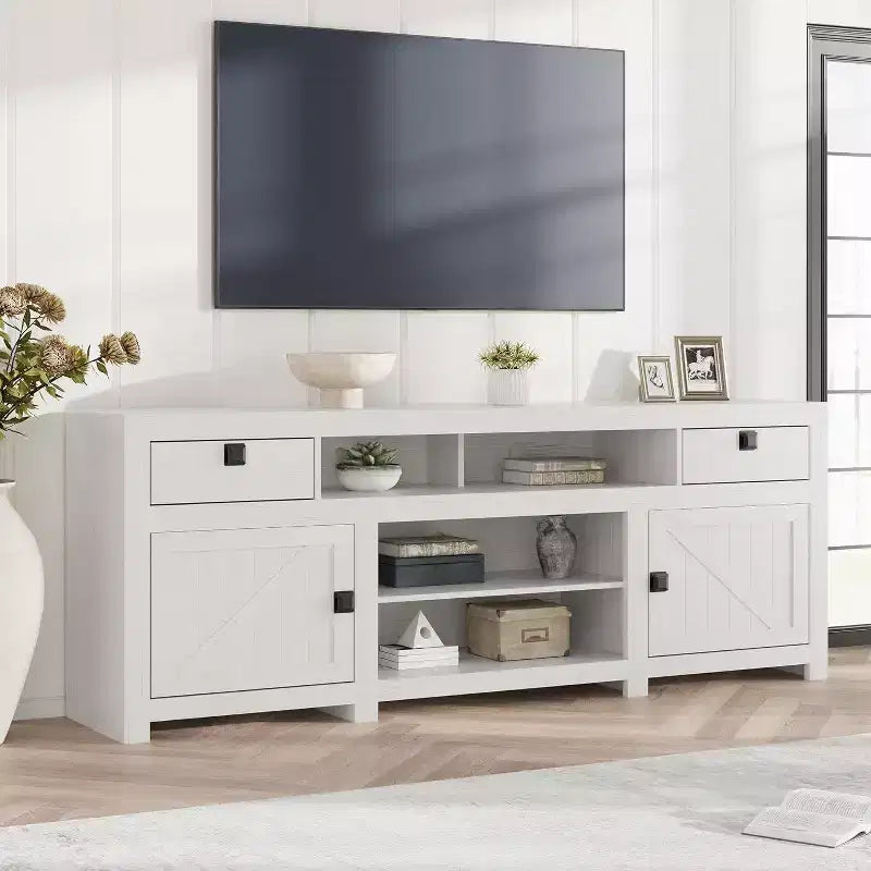 Farmhouse TV Stand for 75/80 Inch TVs, 70 Long Entertainment Center w/4 Storage Drawers & 3 Open Shelf, White Television Consoles Stands for Home