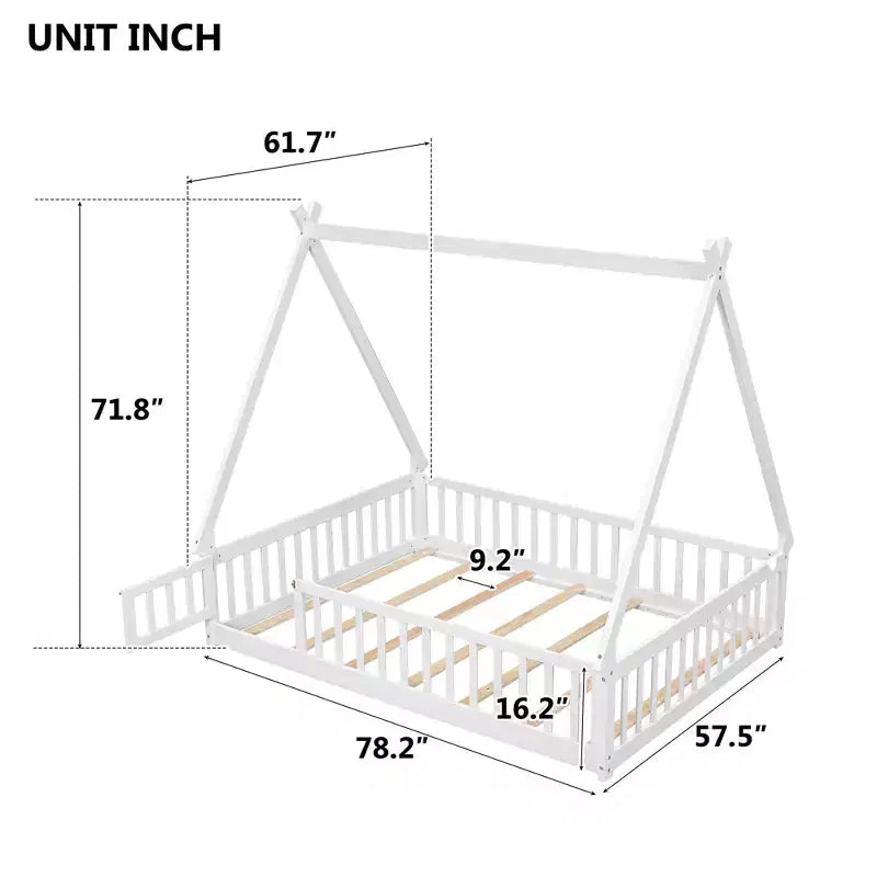 Letto da terra a tenda full size con sponde e porta, bianco