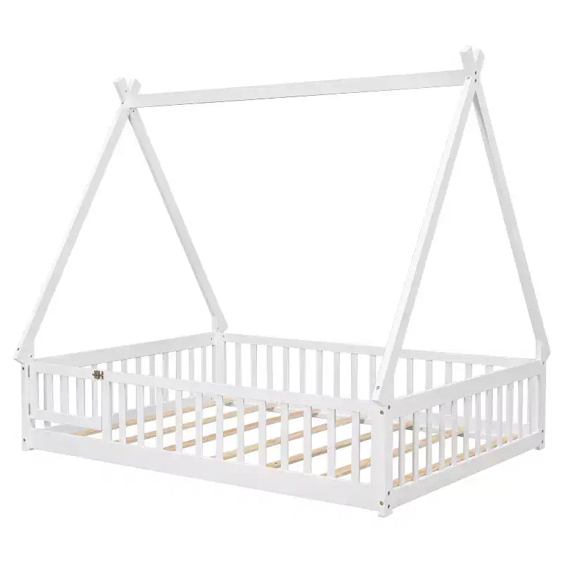 Letto da terra a tenda full size con sponde e porta, bianco