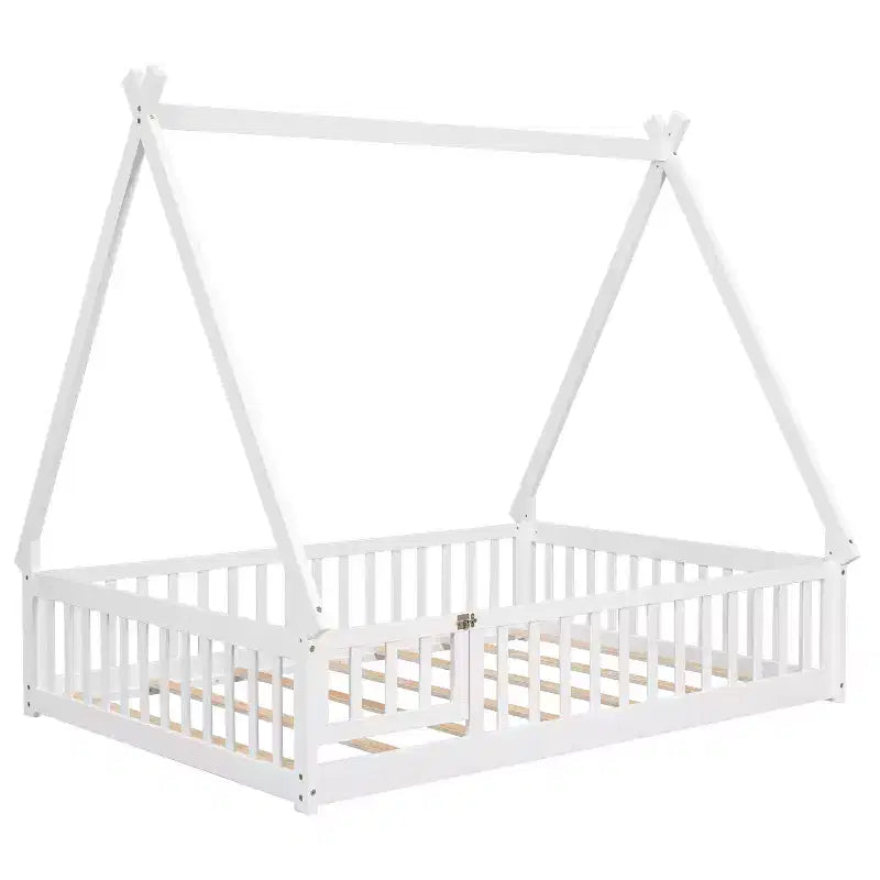 Letto da terra a tenda full size con sponde e porta, bianco