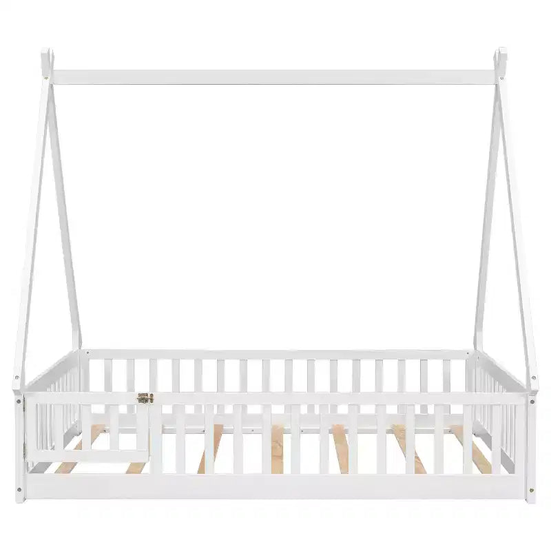 Letto da terra a tenda full size con sponde e porta, bianco