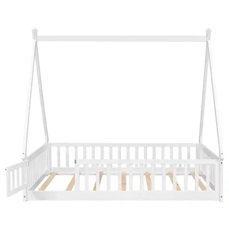Letto da terra a tenda full size con sponde e porta, bianco