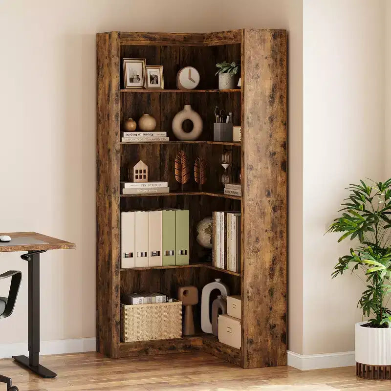 Libreria angolare, Libreria angolare in stile rustico, Libreria a L grande, Scaffale espositivo a 5 ripiani resistente, Librerie con contenitore