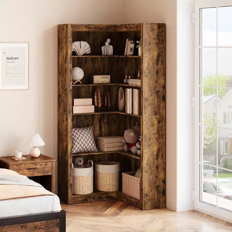 Libreria angolare, Libreria angolare in stile rustico, Libreria a L grande, Scaffale espositivo a 5 ripiani resistente, Librerie con contenitore