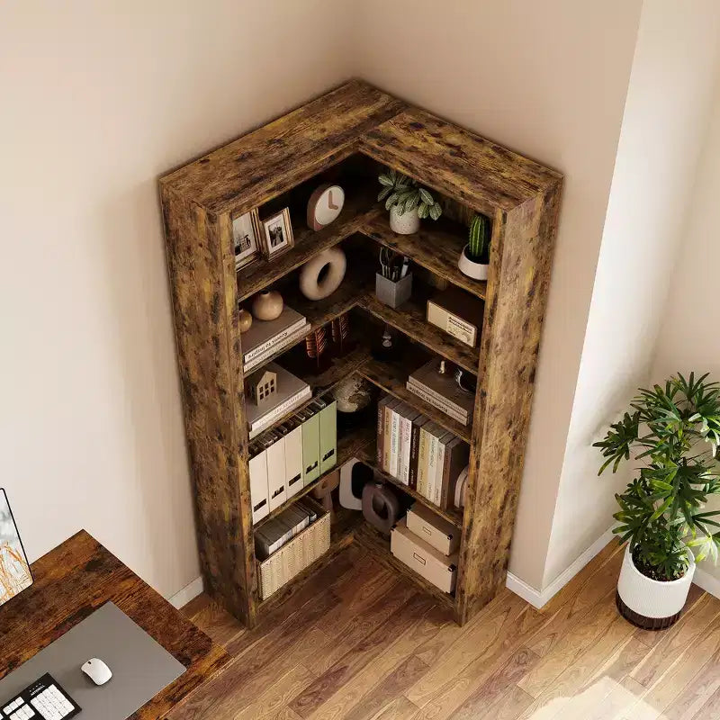 Libreria angolare, Libreria angolare in stile rustico, Libreria a L grande, Scaffale espositivo a 5 ripiani resistente, Librerie con contenitore