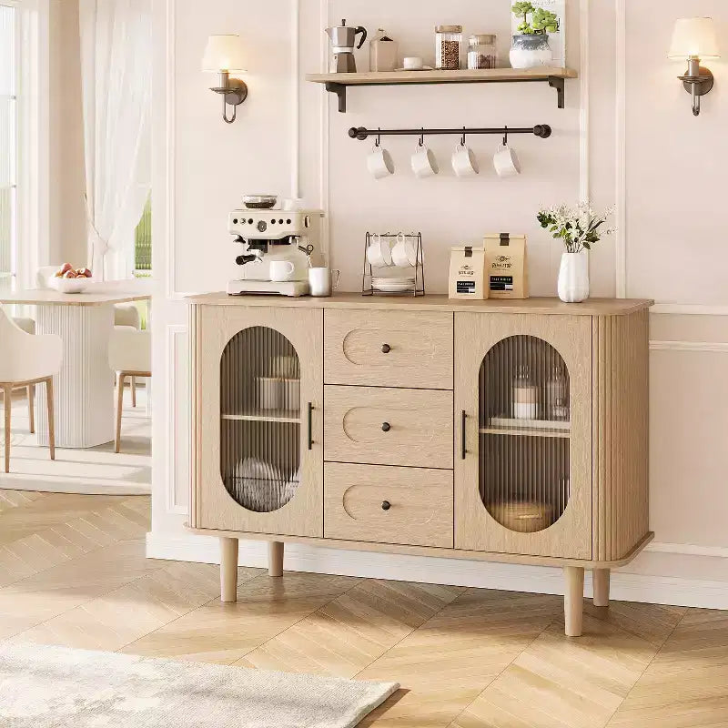 Credenza a buffet da 47" con ante in vetro scanalato e 3 cassetti, madia moderna con ripiani regolabili per cucina, sala da pranzo