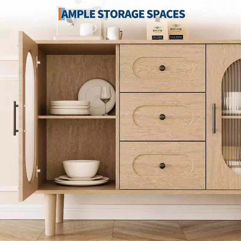 Credenza a buffet da 47" con ante in vetro scanalato e 3 cassetti, madia moderna con ripiani regolabili per cucina, sala da pranzo
