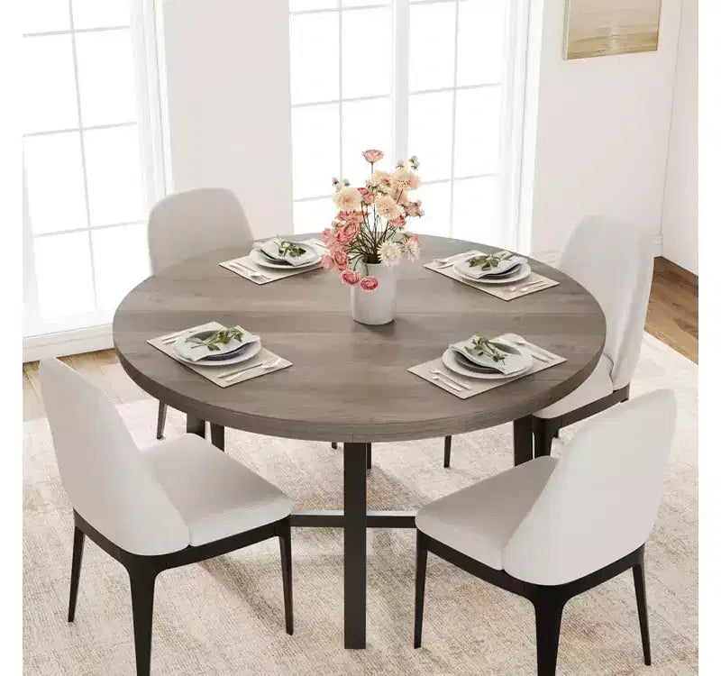 Tavolo da pranzo rotondo da 120 cm, tavolo da pranzo industriale da 4 a 6 posti, tavolo da cucina in legno con robusta struttura in metallo, tavolo da cucina circolare per la casa, senza sedie