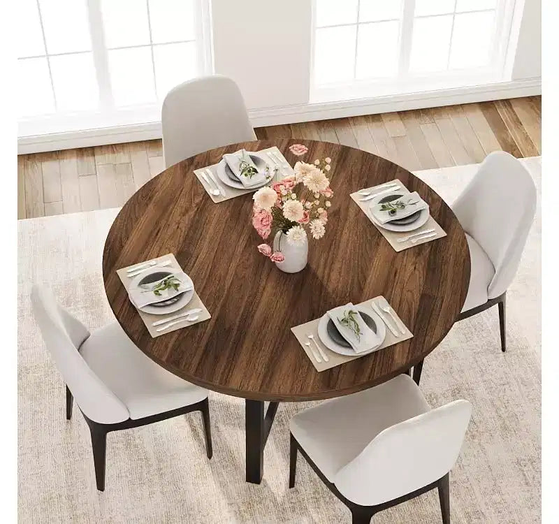 Tavolo da pranzo rotondo da 120 cm, tavolo da pranzo industriale da 4 a 6 posti, tavolo da cucina in legno con robusta struttura in metallo, tavolo da cucina circolare per la casa, senza sedie