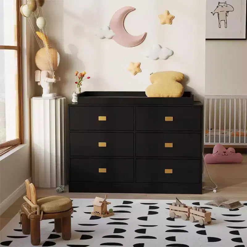 Nursery Changing Table - 6-Drawer with Waterproof Top, Anti-Tip Design & Safety Rails, Non-Toxic MDF