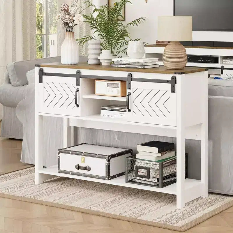 RoyalCraft Farmhouse Entryway Console Table with Storage Shelves, Sliding Barn Door and Spacious Tabletop for Living Room or Foyer, White & Oak