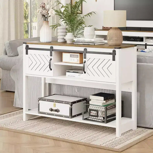 Console da Ingresso Rustica con Ante Scorrevoli a Granaio e Ripiani, Bianco e Rovere