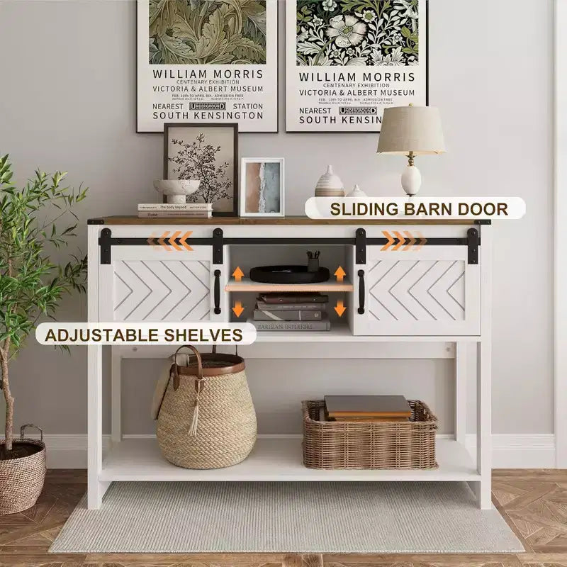 Console da Ingresso Rustica con Ante Scorrevoli a Granaio e Ripiani, Bianco e Rovere