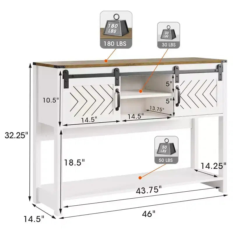 Console da Ingresso Rustica con Ante Scorrevoli a Granaio e Ripiani, Bianco e Rovere