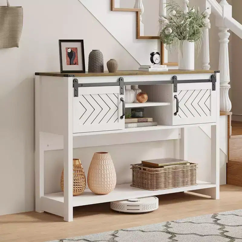 Console da Ingresso Rustica con Ante Scorrevoli a Granaio e Ripiani, Bianco e Rovere