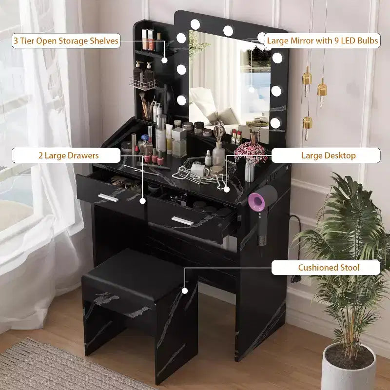 Toeletta con Specchio e Luci per Camera da Letto, Tavolo Trucco Moderno Nero Effetto Marmo con 2 Cassetti