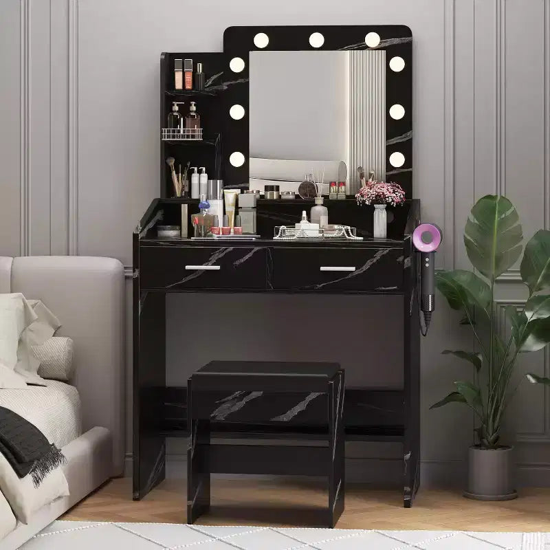 Toeletta con Specchio e Luci per Camera da Letto, Tavolo Trucco Moderno Nero Effetto Marmo con 2 Cassetti