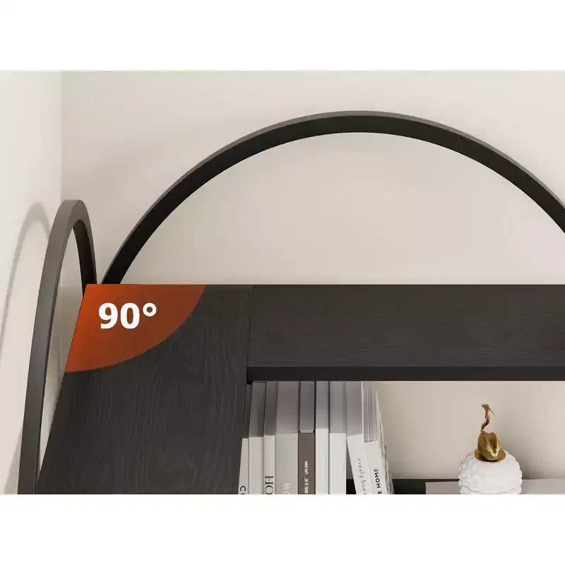 Libreria angolare a cinque ripiani a forma di L con mensole in legno e metallo. Unità espositiva salvaspazio adatta per soggiorni e camere da letto.
