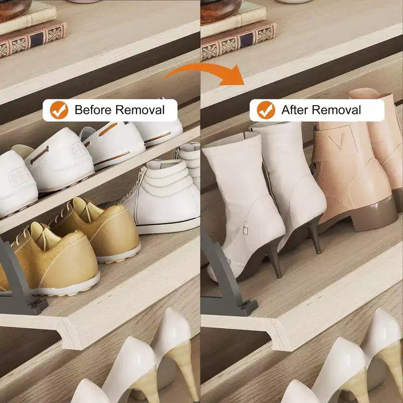 Scarpiera a cassetti a ribalta con ripiani in legno regolabili, ideale per ingressi, corridoi e salotti come soluzione nascosta per riporre le scarpe.