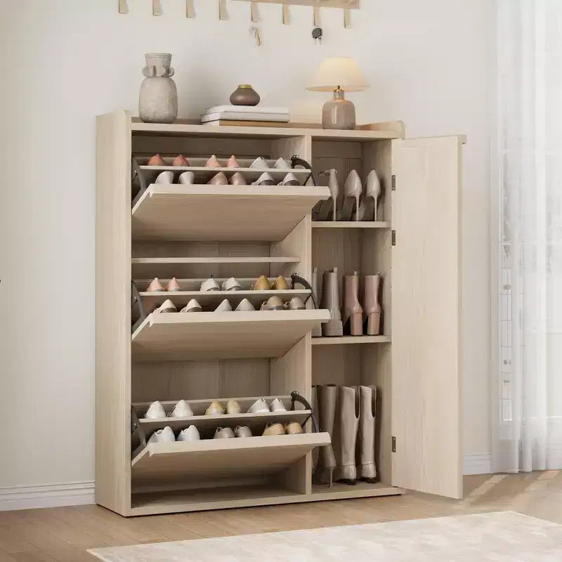 Scarpiera a cassetti a ribalta con ripiani in legno regolabili, ideale per ingressi, corridoi e salotti come soluzione nascosta per riporre le scarpe.