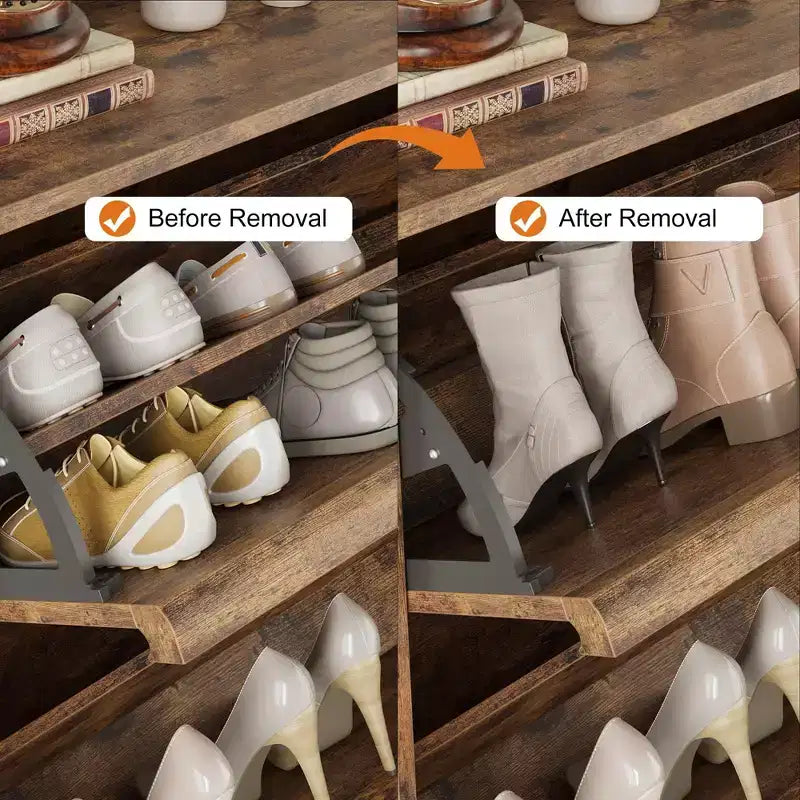 Scarpiera a cassetti a ribalta con ripiani in legno regolabili, ideale per ingressi, corridoi e salotti come soluzione nascosta per riporre le scarpe.