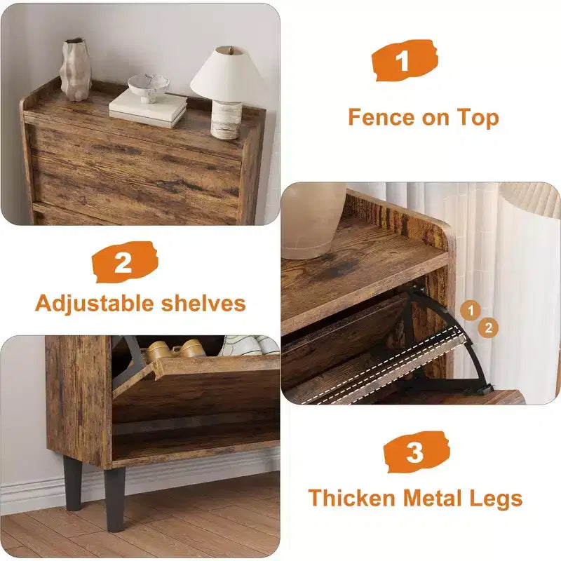 Scarpiera a cassetti a ribalta con ripiani in legno regolabili, ideale per ingressi, corridoi e salotti come soluzione nascosta per riporre le scarpe.