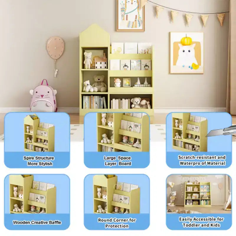 Libreria in legno per bambini con organizer, scaffale con 6 scomparti, 2 cesti e contenitori