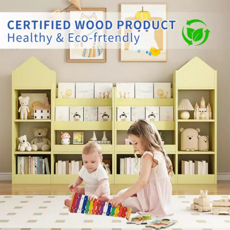 Libreria in legno per bambini con organizer, scaffale con 6 scomparti, 2 cesti e contenitori