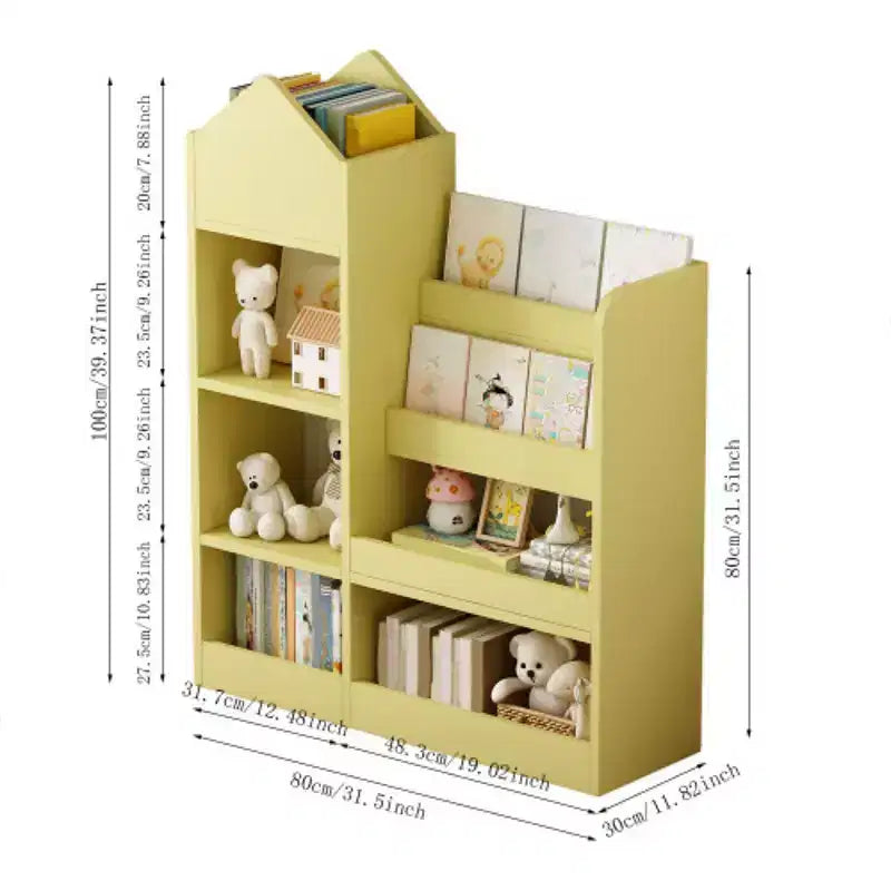 Libreria in legno per bambini con organizer, scaffale con 6 scomparti, 2 cesti e contenitori