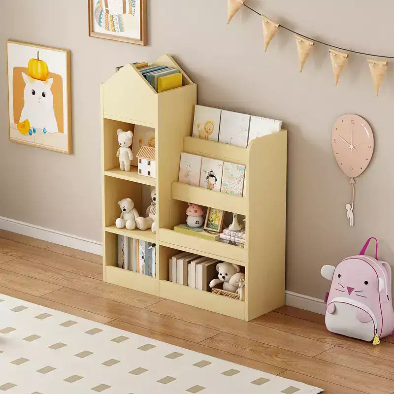 Libreria in legno per bambini con organizer, scaffale con 6 scomparti, 2 cesti e contenitori