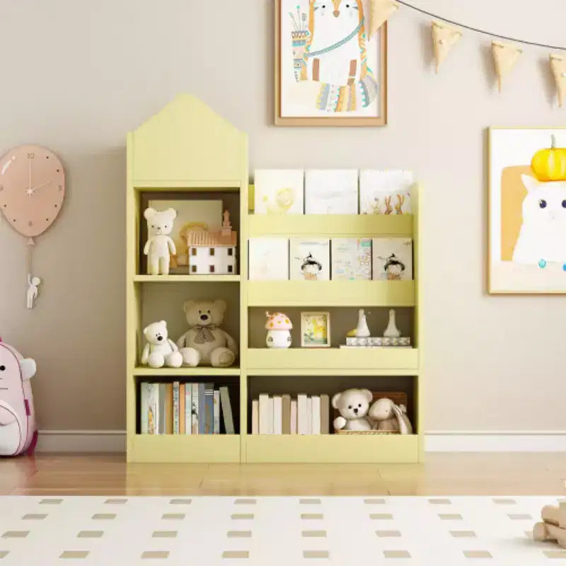 Libreria in legno per bambini con organizer, scaffale con 6 scomparti, 2 cesti e contenitori