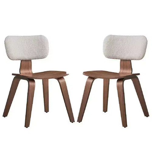 Royal Hampton 22 Inch Side Dining Chair Set of 2, Curved, White Boucle, Walnut Brown